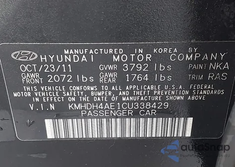 2012 Hyundai Elantra Gls (Ulsan Plant) from USA, damaged, VIN KMHDH4AE1CU338429
